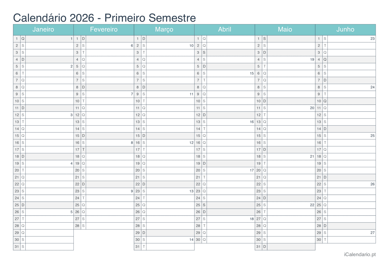 Calendário por semestre com números da semana 2026 - Turquesa