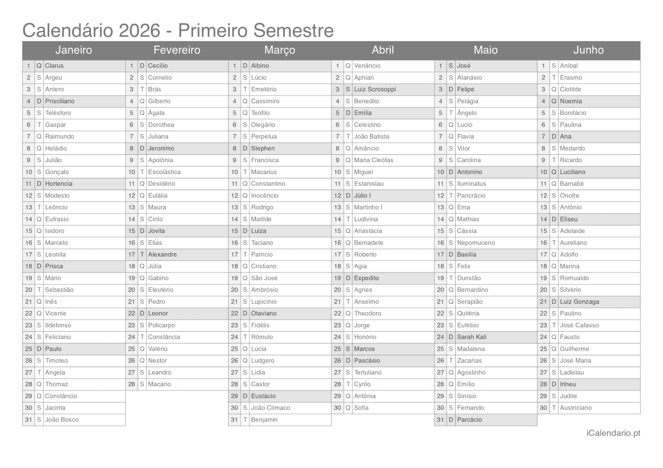 Calendário por semestre 2026 com festa do dia