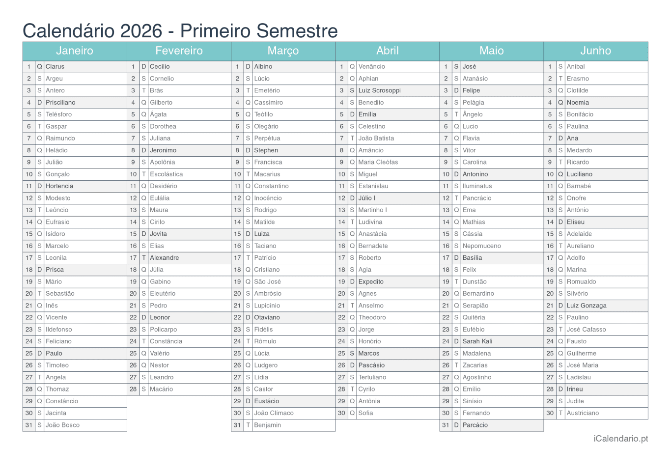 Calendário por semestre 2026 com festa do dia - Turquesa