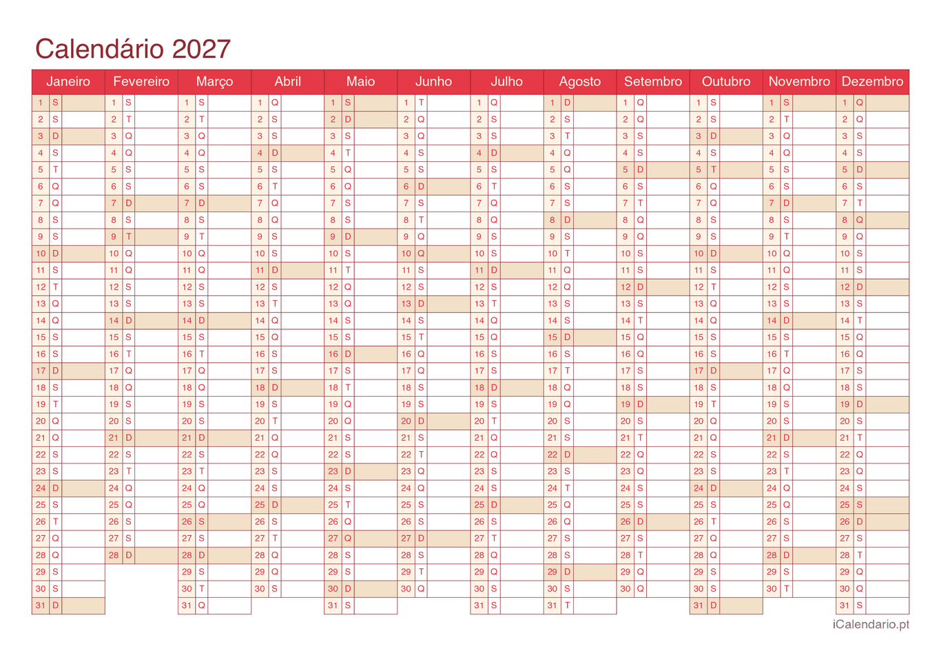 Calendário 2027 - Cherry