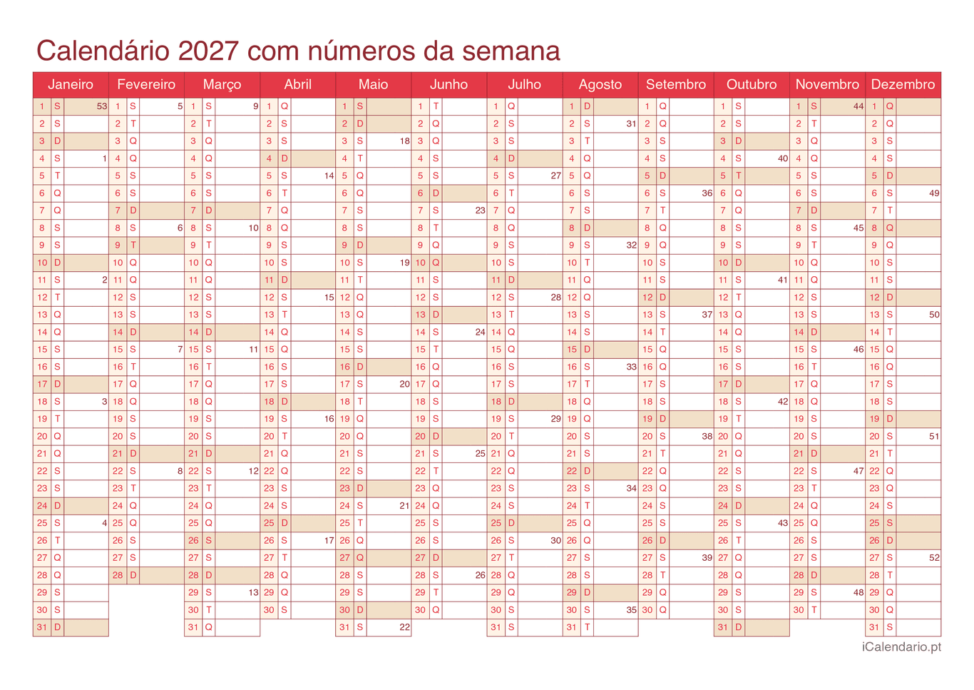 Calendário 2027 com números da semana - Cherry