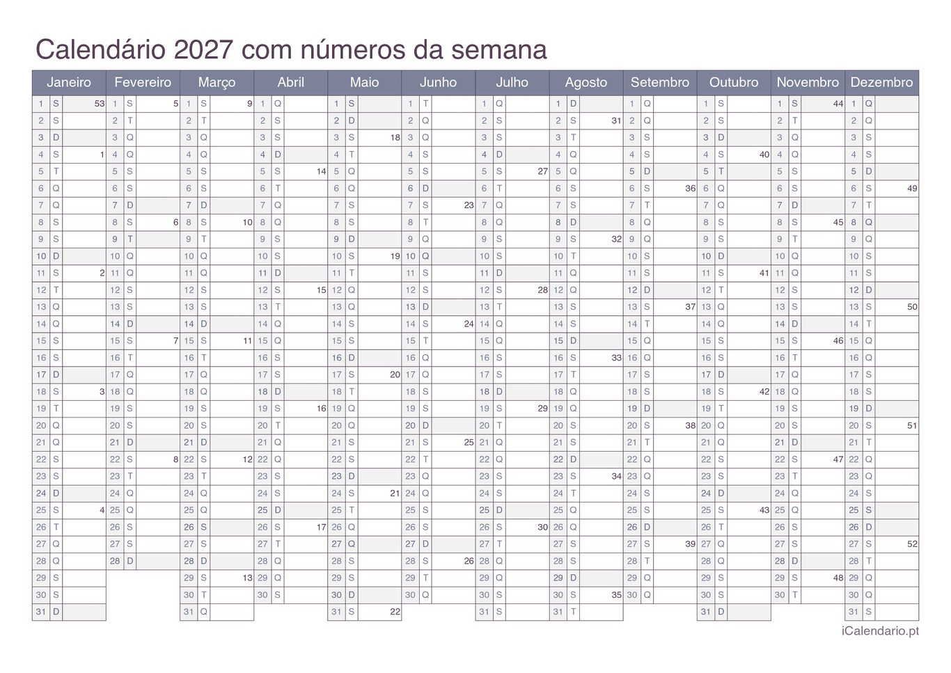 Calendário 2027 com números da semana - Office