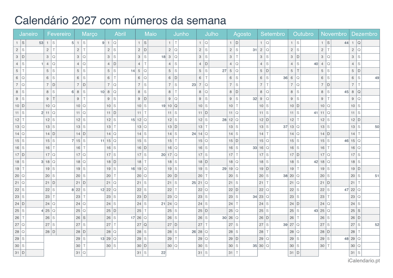 Calendário 2027 com números da semana - Turquesa