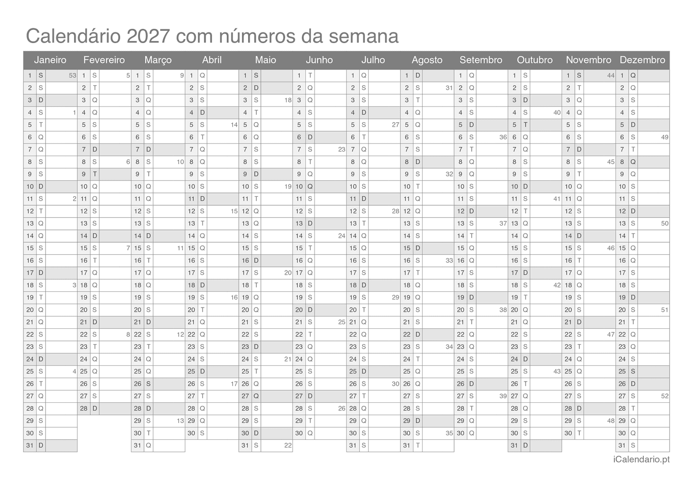 Calendário 2027 com números da semana