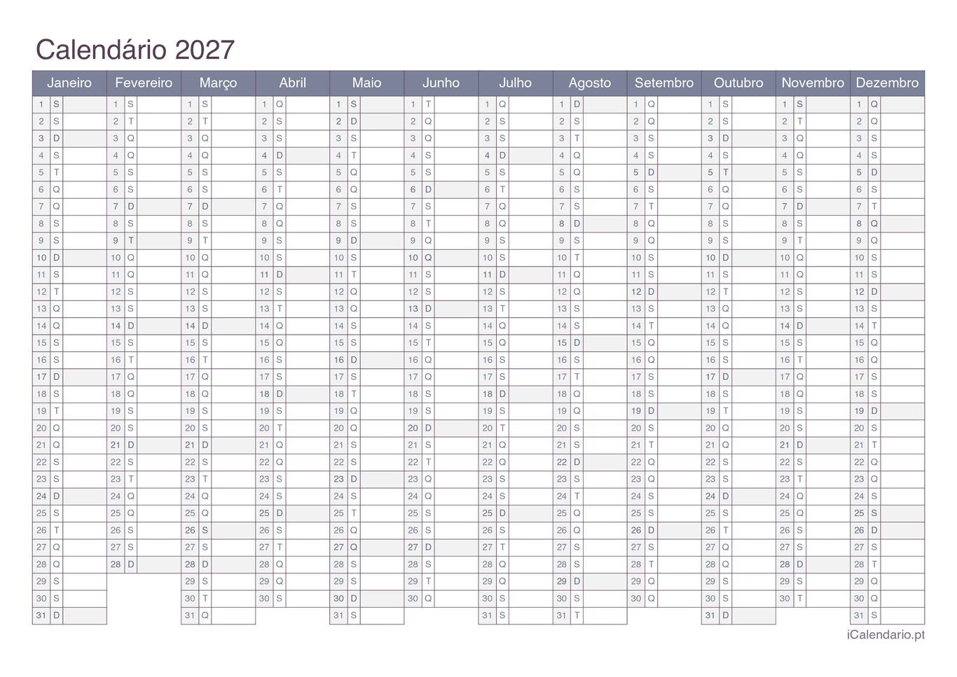 Calendário 2027 - Office