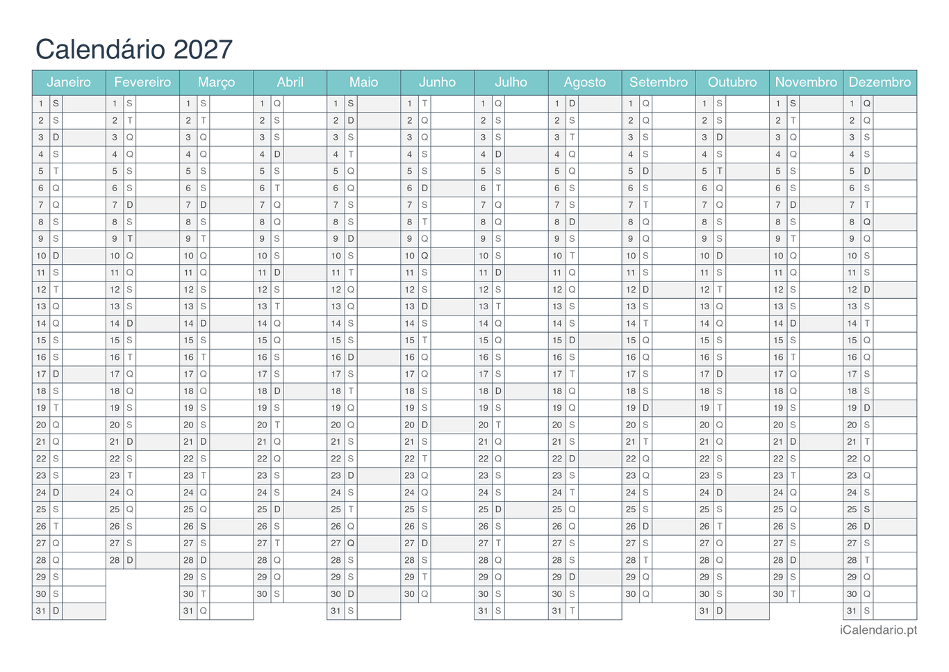 Calendário 2027 - Turquesa