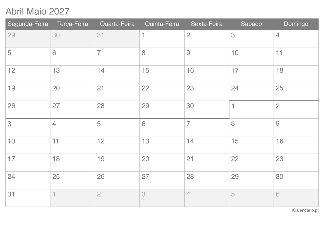 Calendário de abril maio 2027