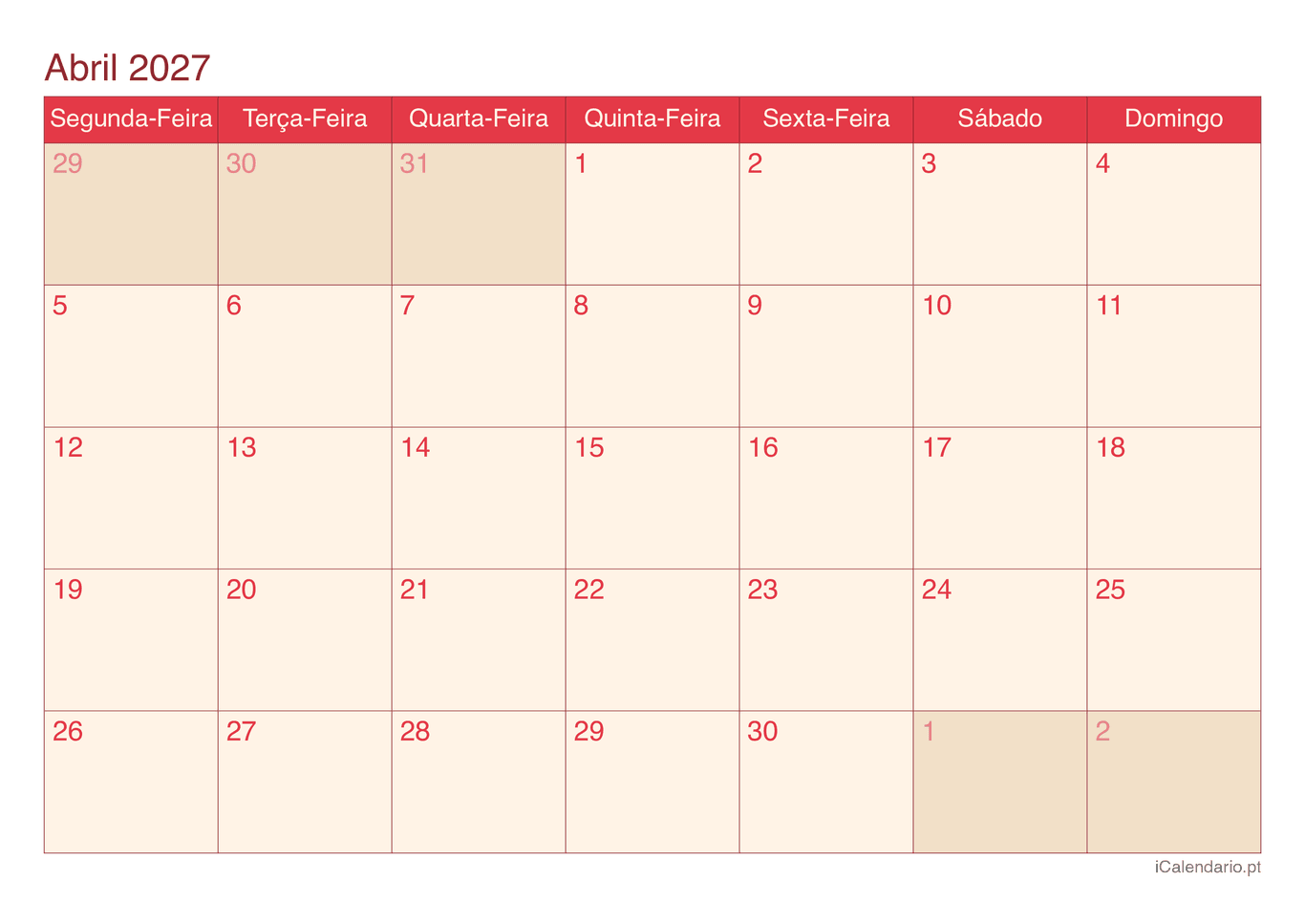 Calendário de abril 2027 - Cherry