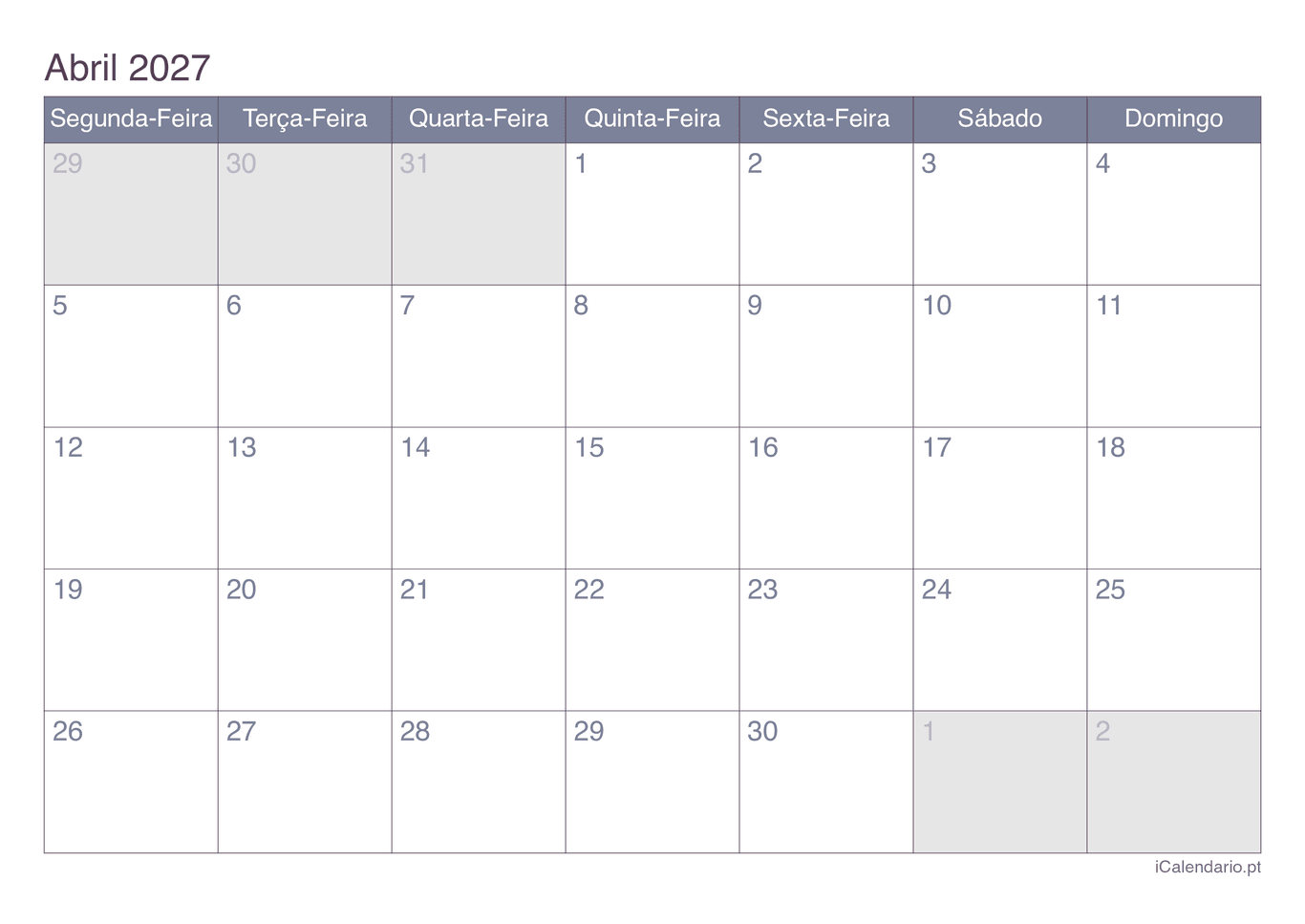 Calendário de abril 2027 - Office