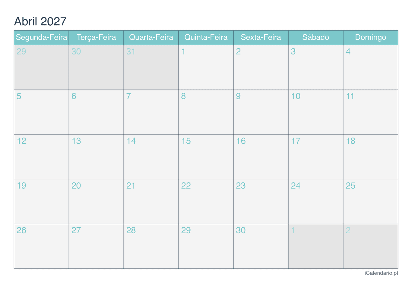 Calendário de abril 2027 - Turquesa