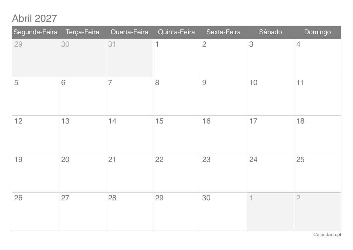 Calendário de abril 2027