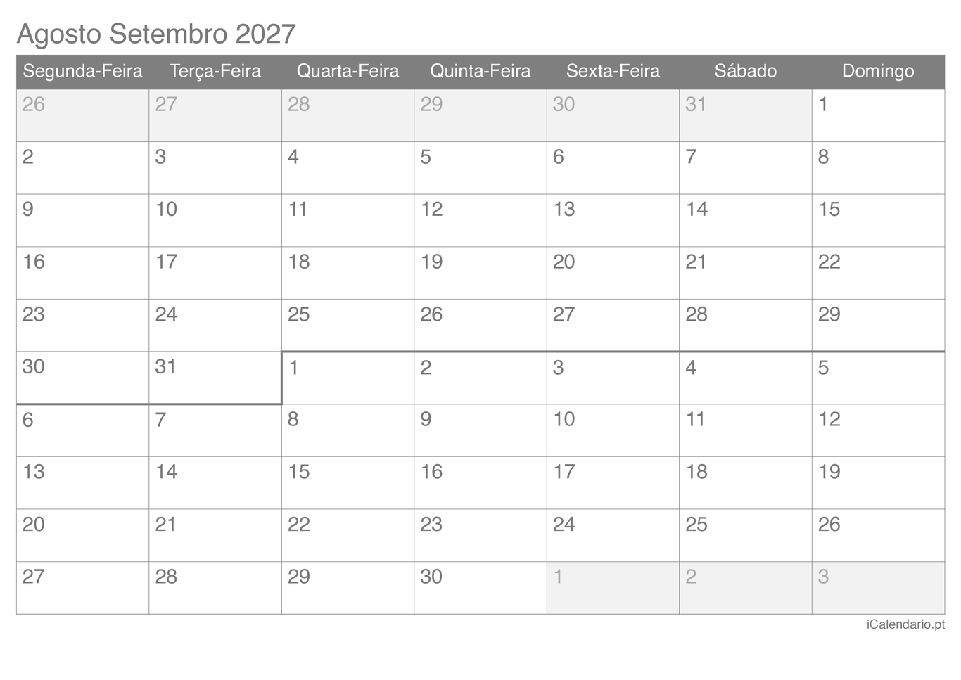 Calendário de agosto setembro 2027