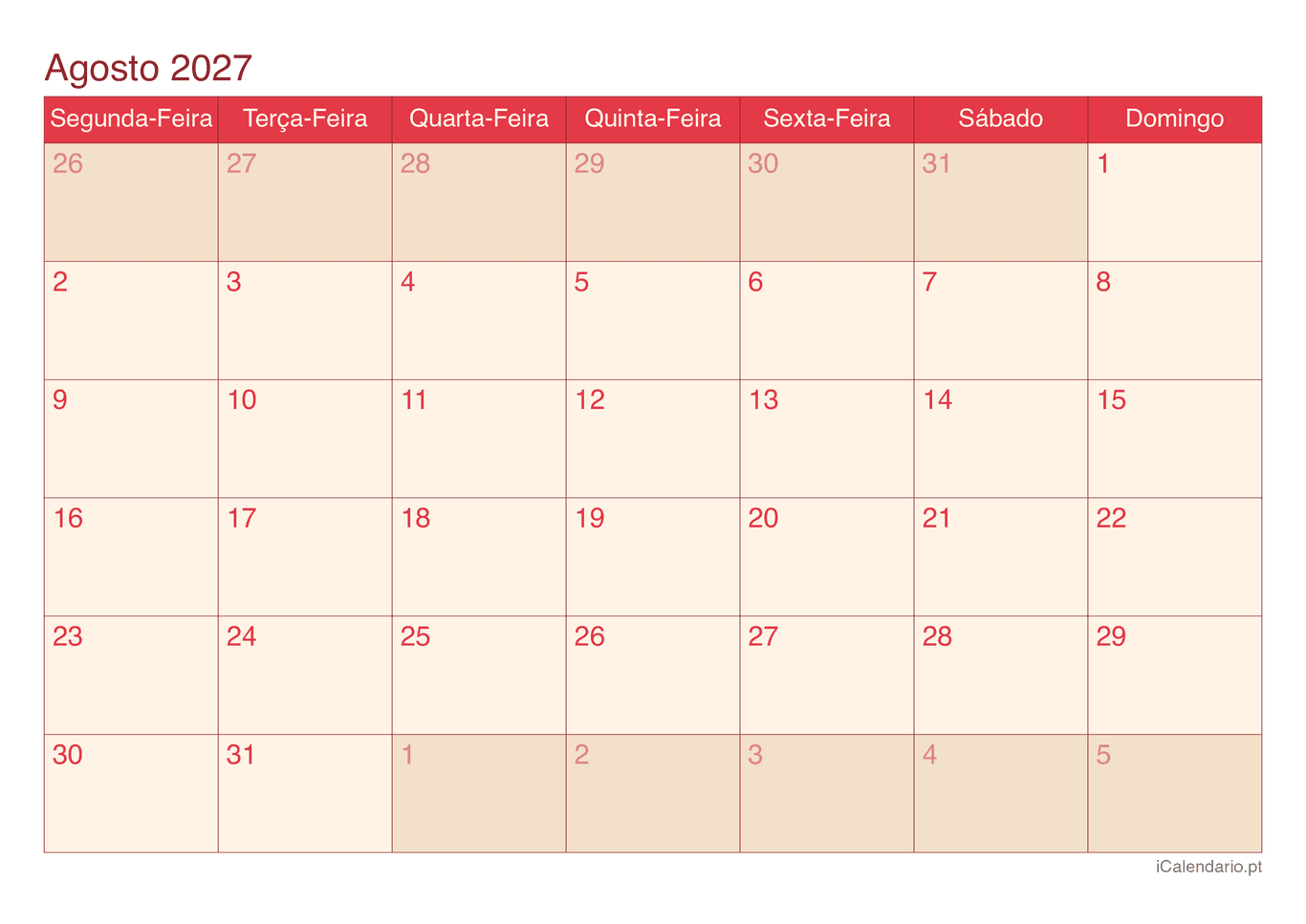 Calendário de agosto 2027 - Cherry