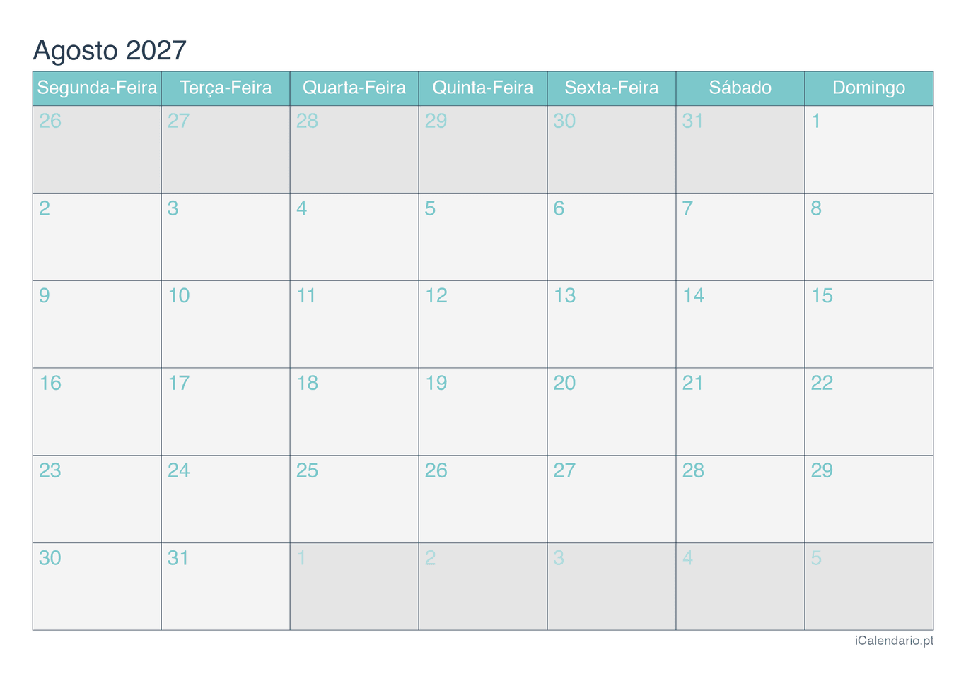 Calendário de agosto 2027 - Turquesa