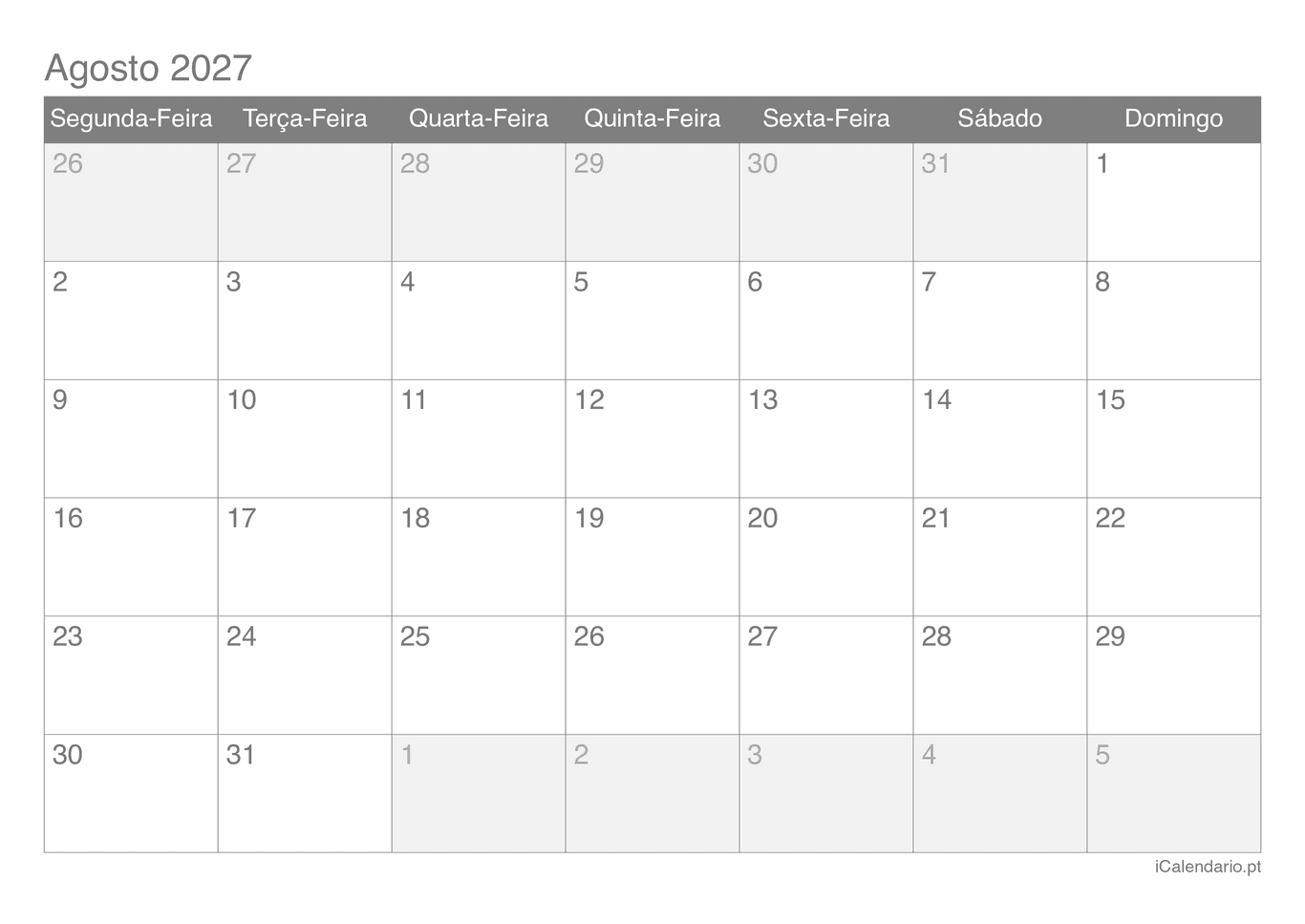 Calendário de agosto 2027