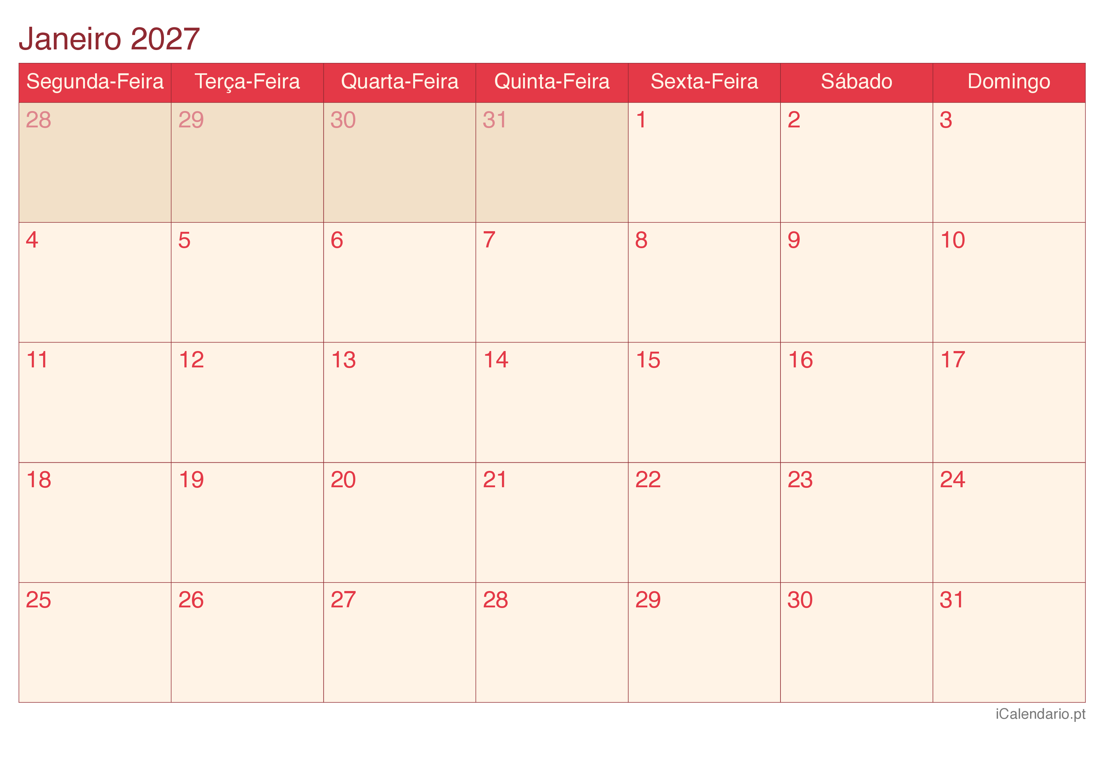 Calendário por mês 2027 - Cherry