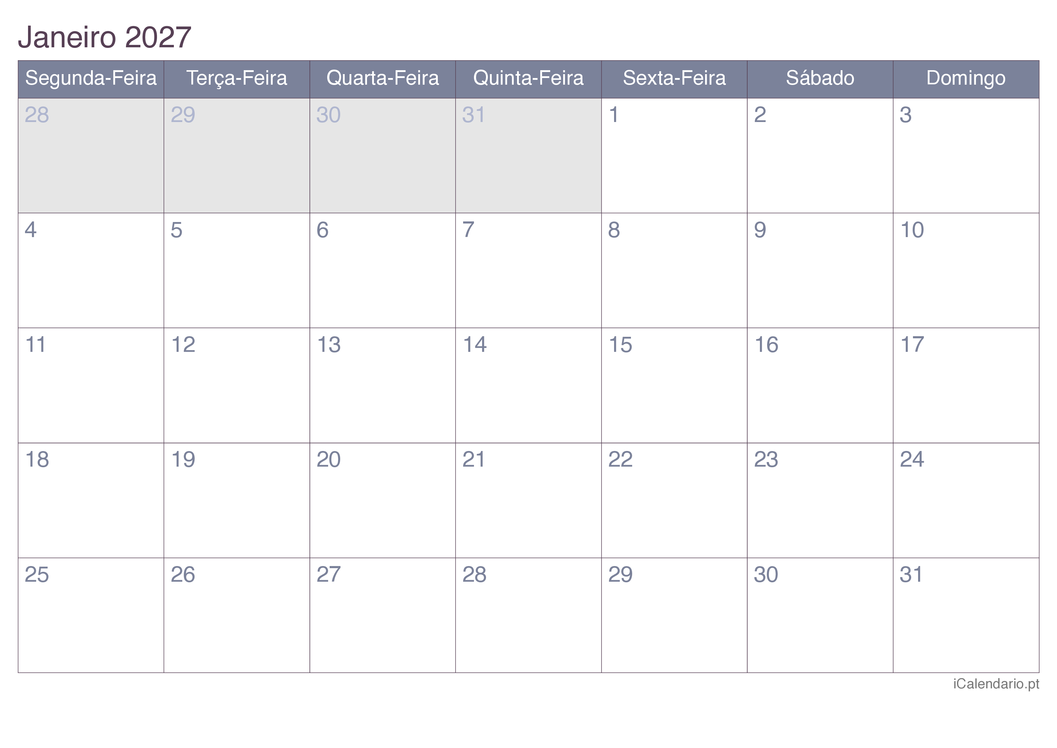 Calendário por mês 2027 - Office
