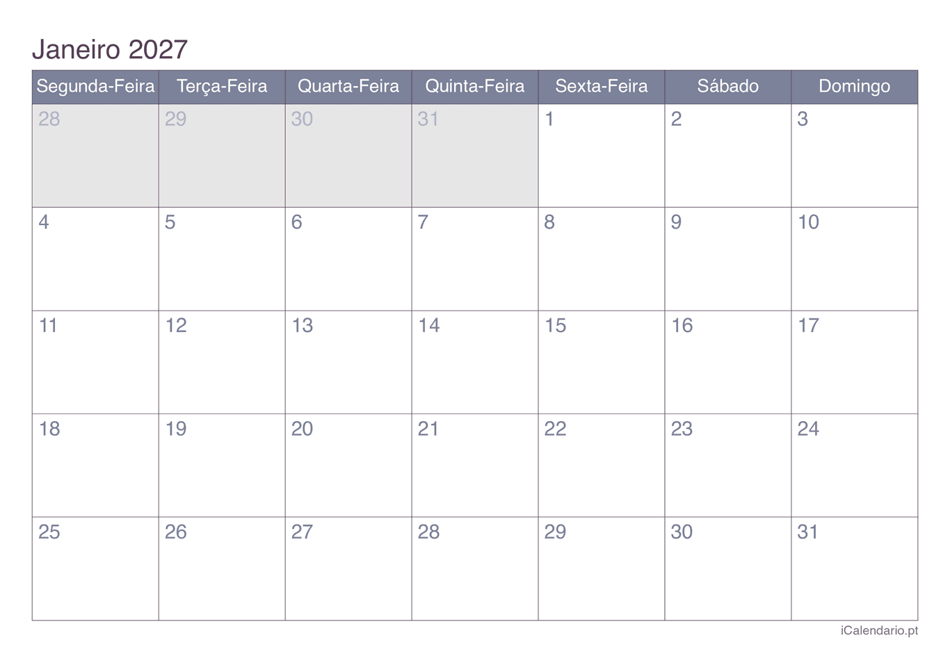 Calendário por mês 2027 - Office