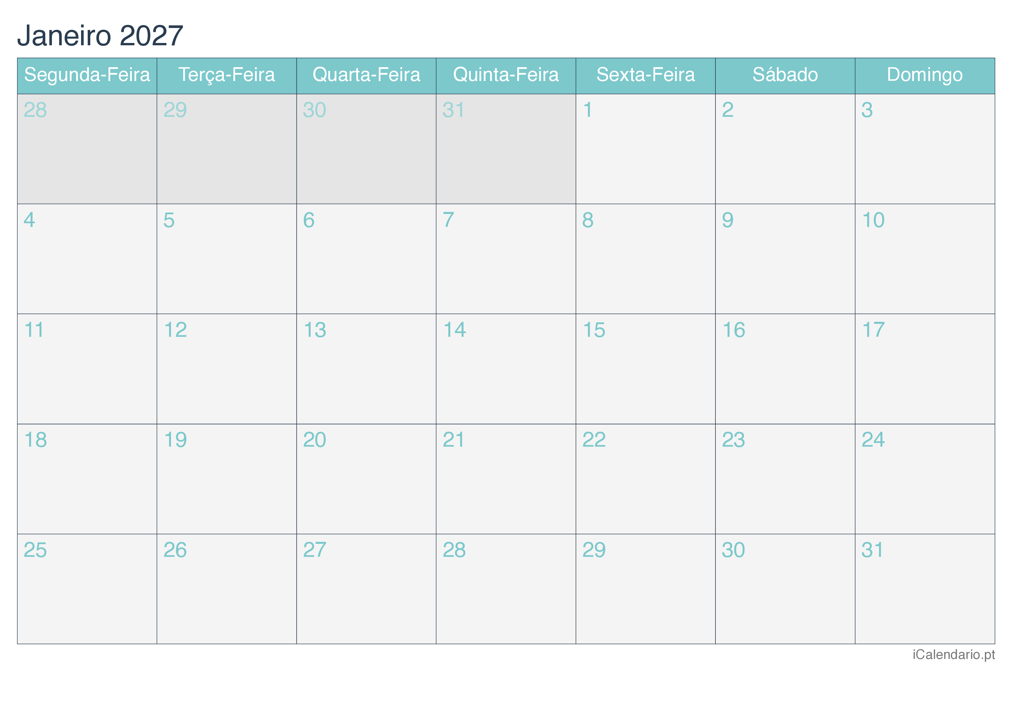 Calendário por mês 2027 - Turquesa