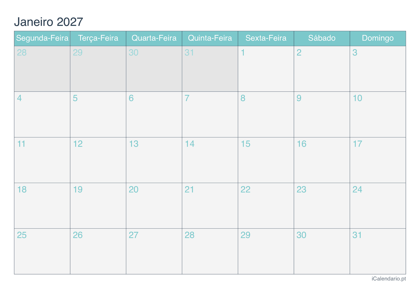 Calendário por mês 2027 - Turquesa