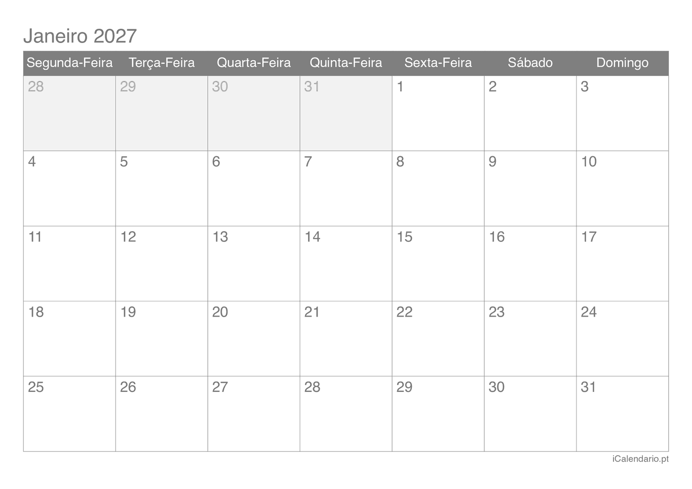 Calendário por mês 2027