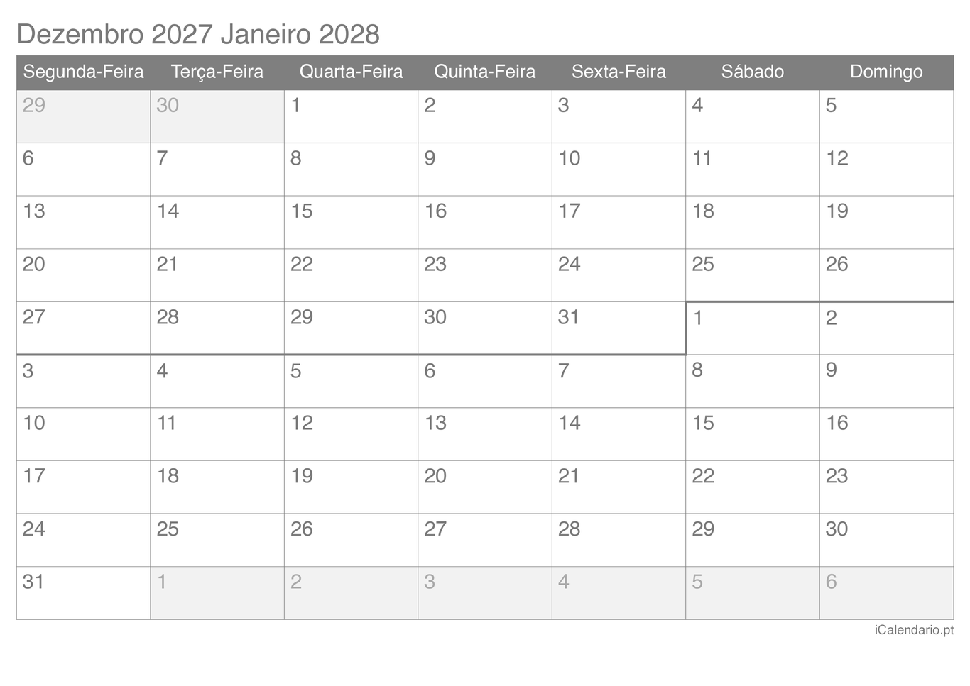 Calendário de dezembro janeiro 2027