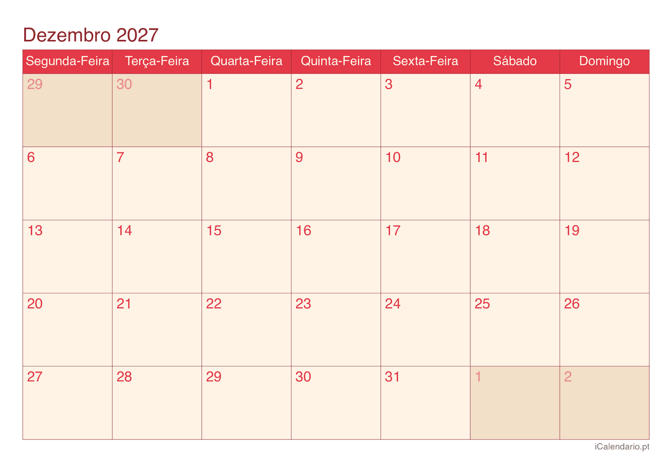 Calendário de dezembro 2027 - Cherry