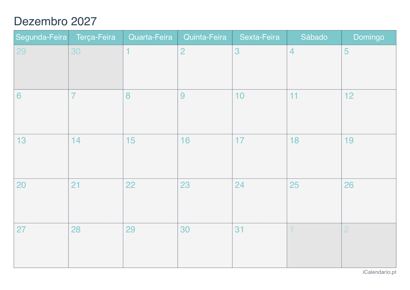 Calendário de dezembro 2027 - Turquesa