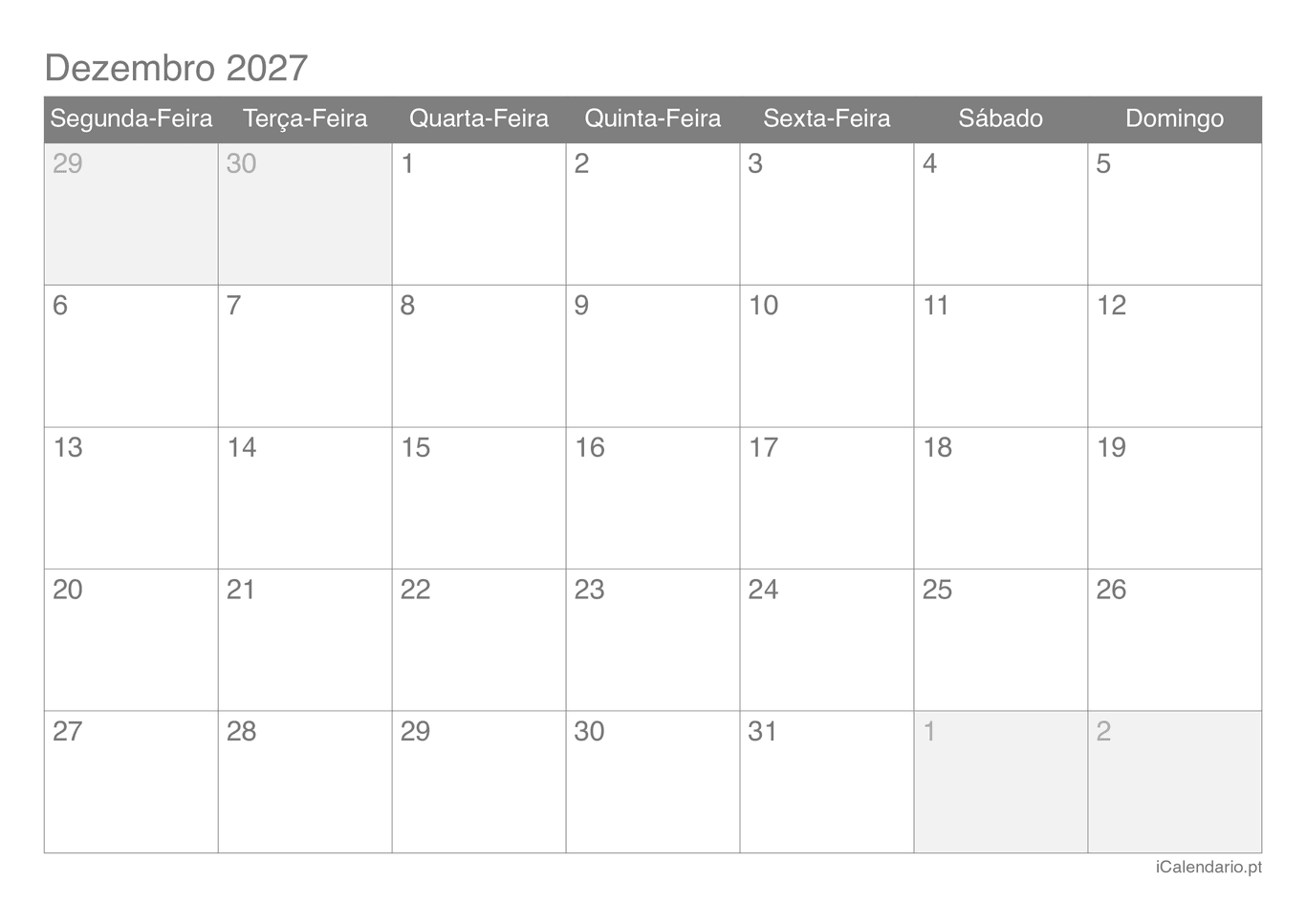 Calendário de dezembro 2027