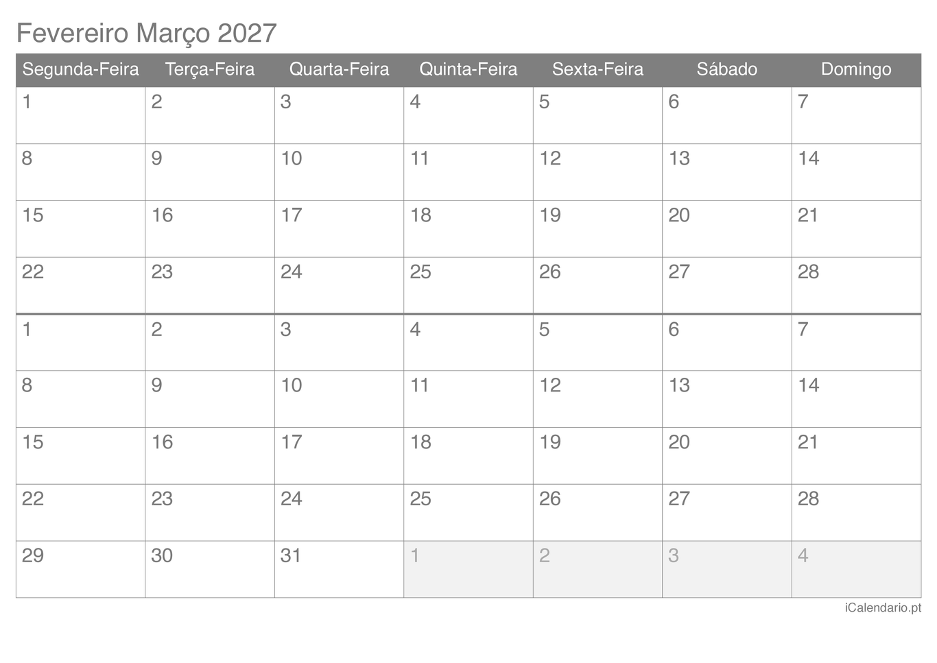 Calendário de fevereiro março 2027