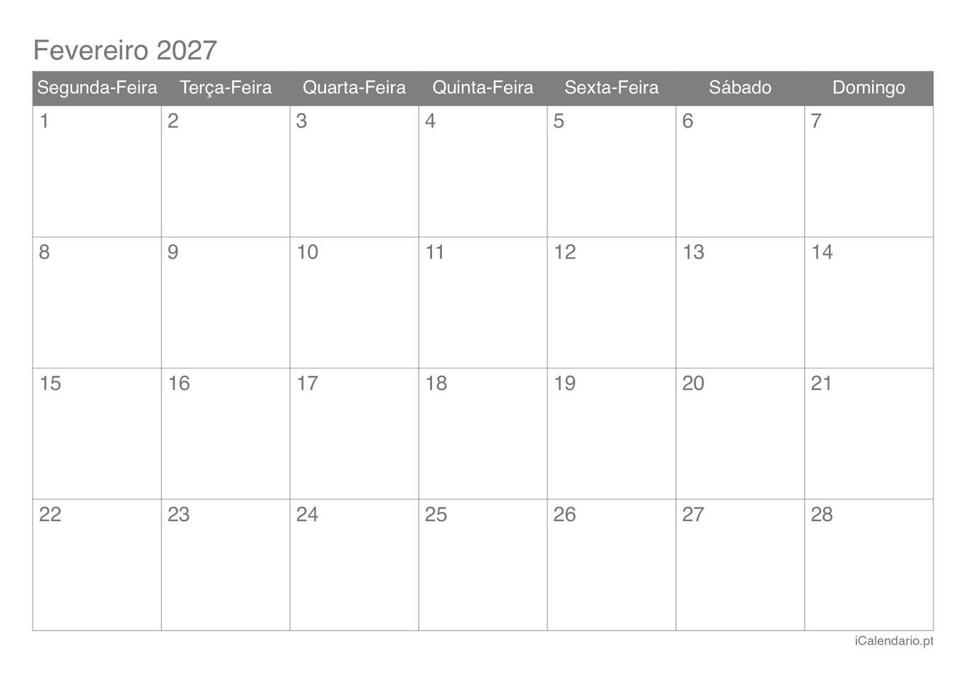 Calendário de fevereiro 2027