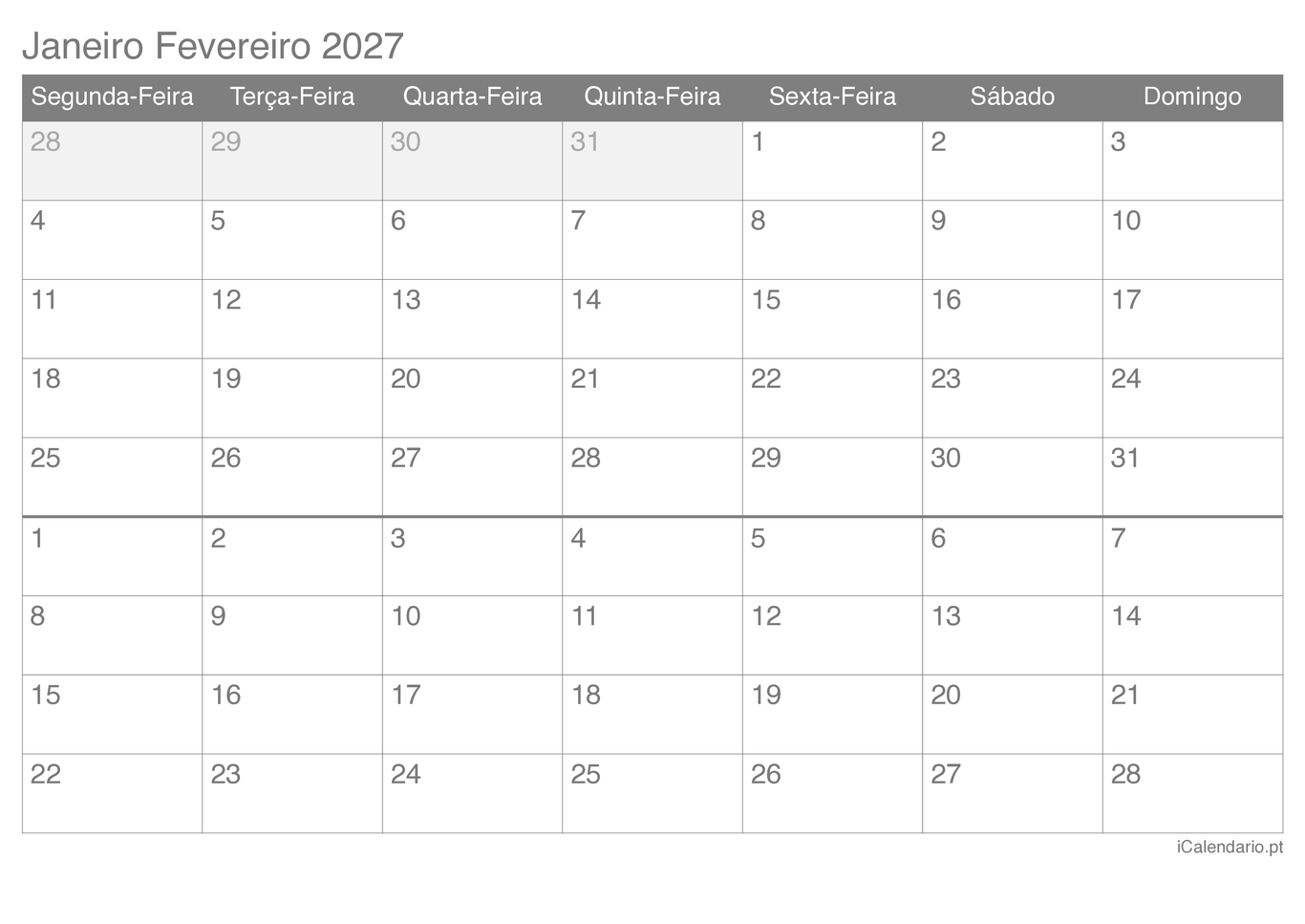 Calendário de janeiro fevereiro 2027