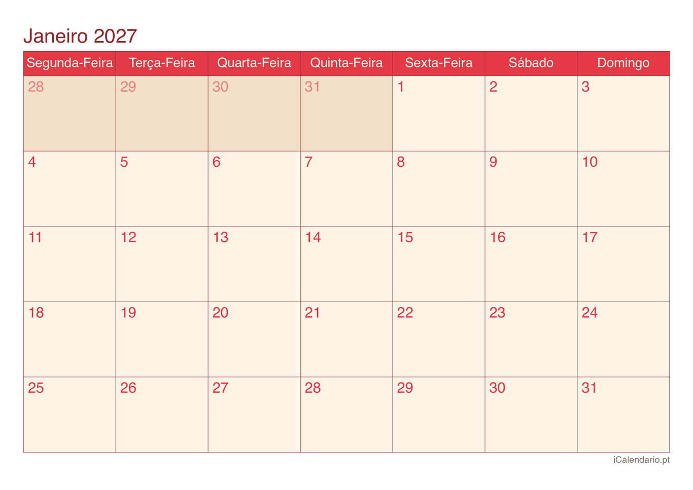 Calendário de janeiro 2027 - Cherry
