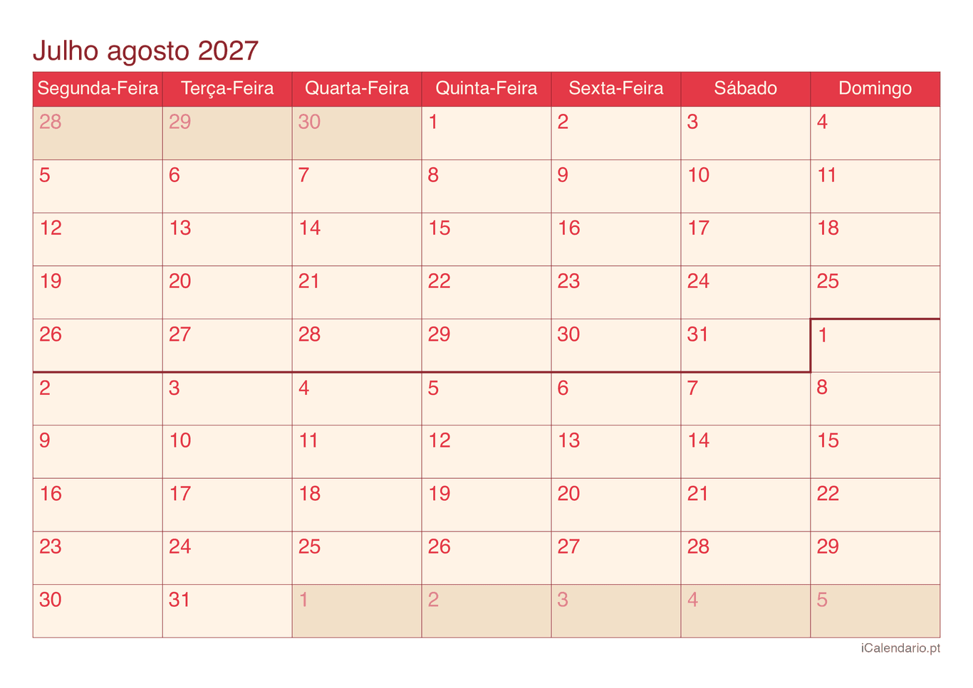 Calendário de julho agosto 2027 - Cherry