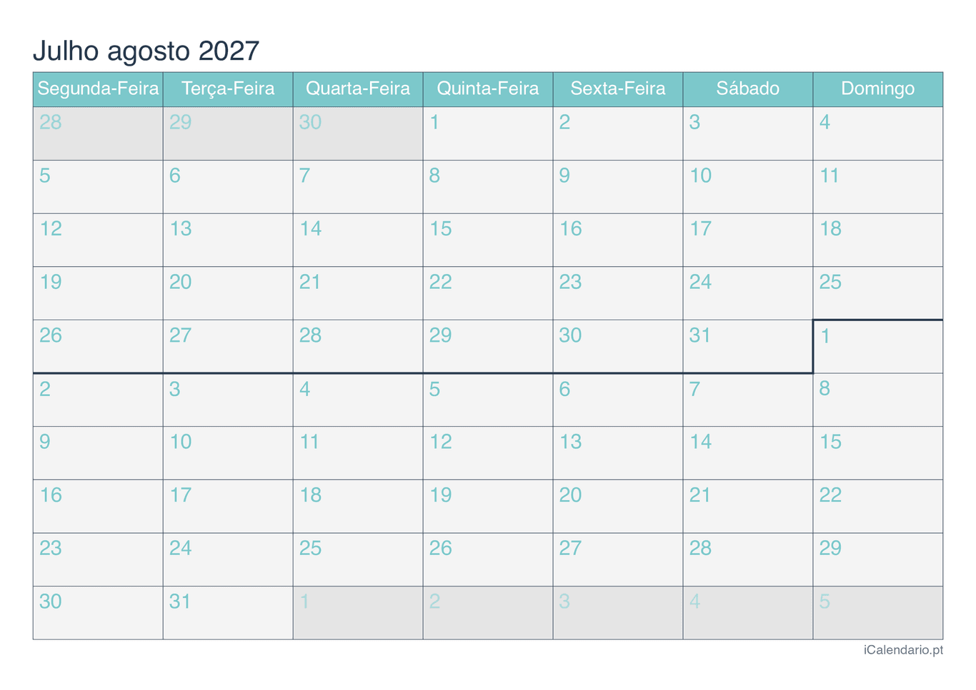 Calendário de julho agosto 2027 - Turquesa