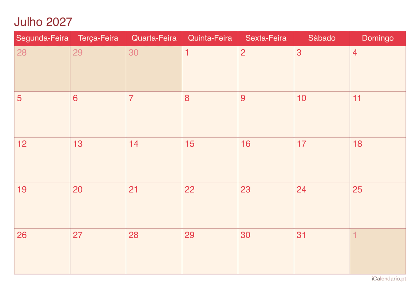 Calendário de julho 2027 - Cherry