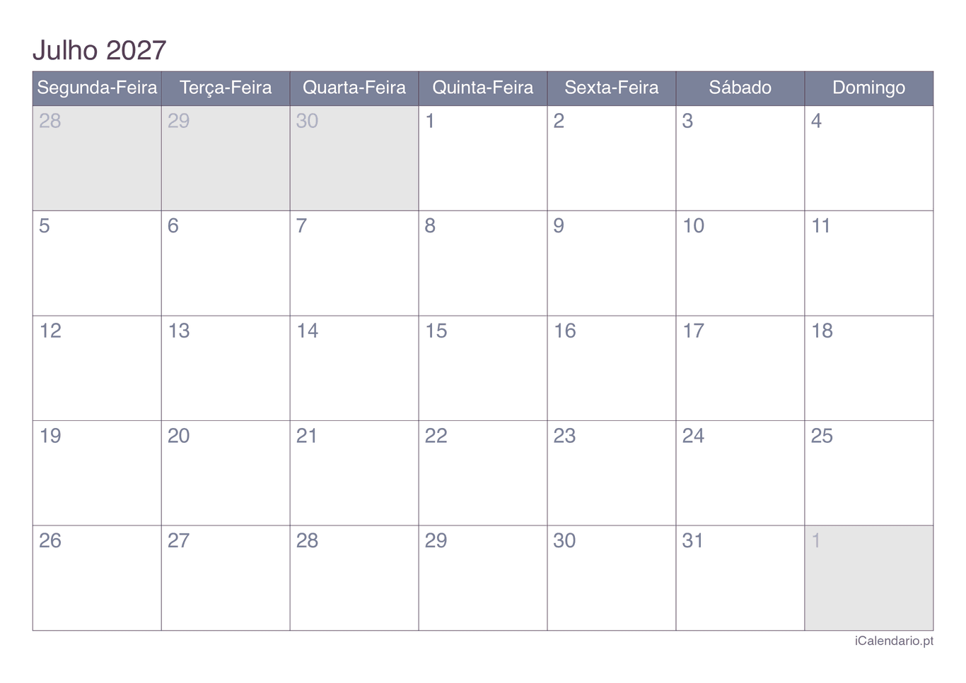 Calendário de julho 2027 - Office