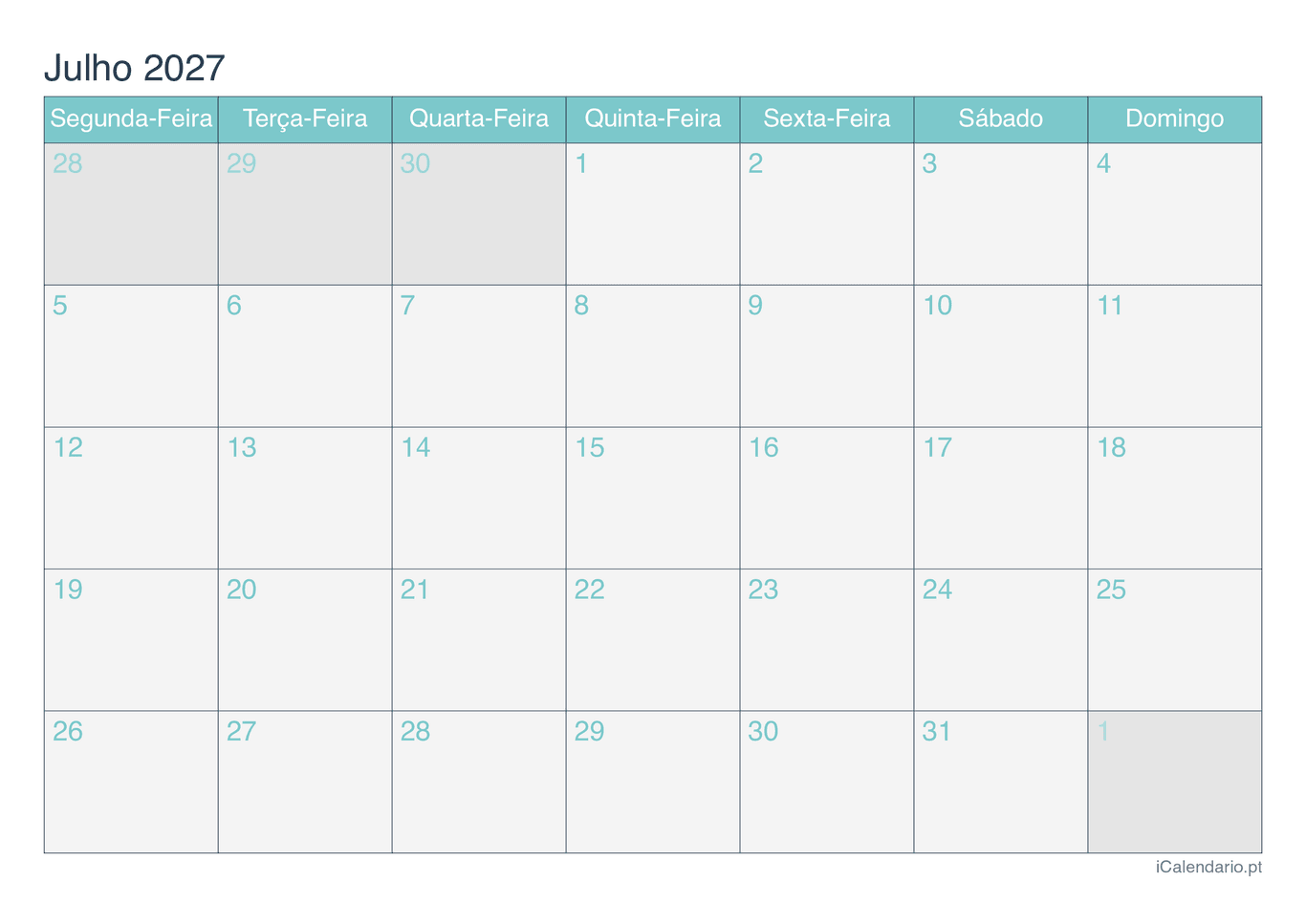Calendário de julho 2027 - Turquesa