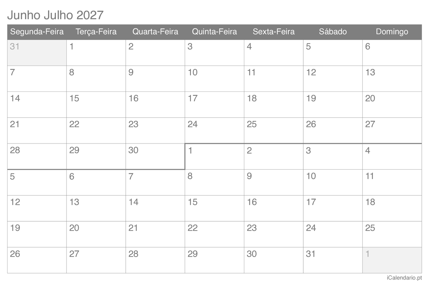 Calendário de junho julho 2027