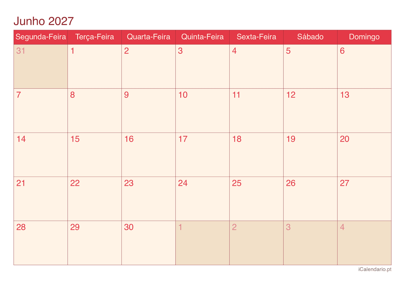 Calendário de junho 2027 - Cherry