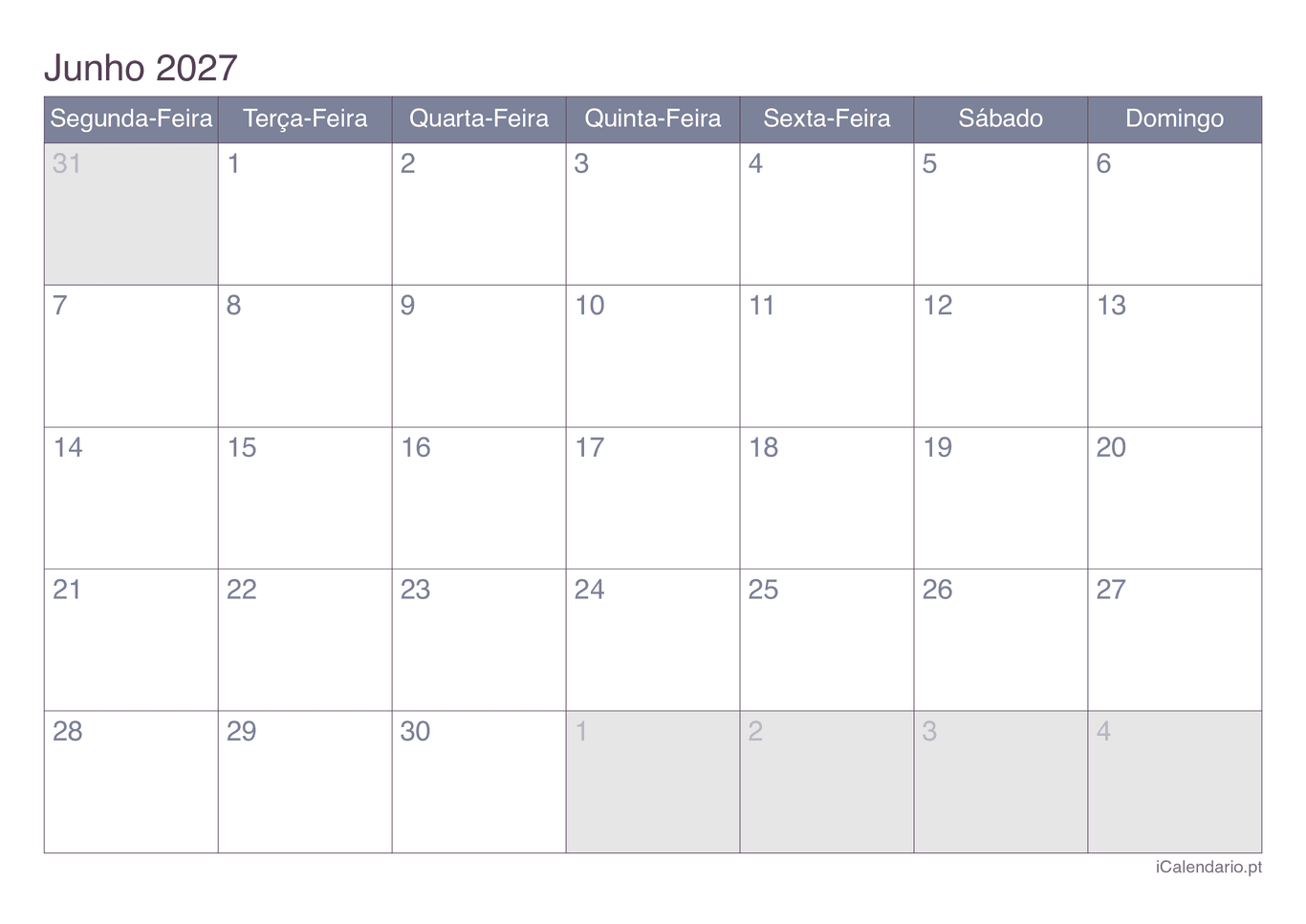 Calendário de junho 2027 - Office