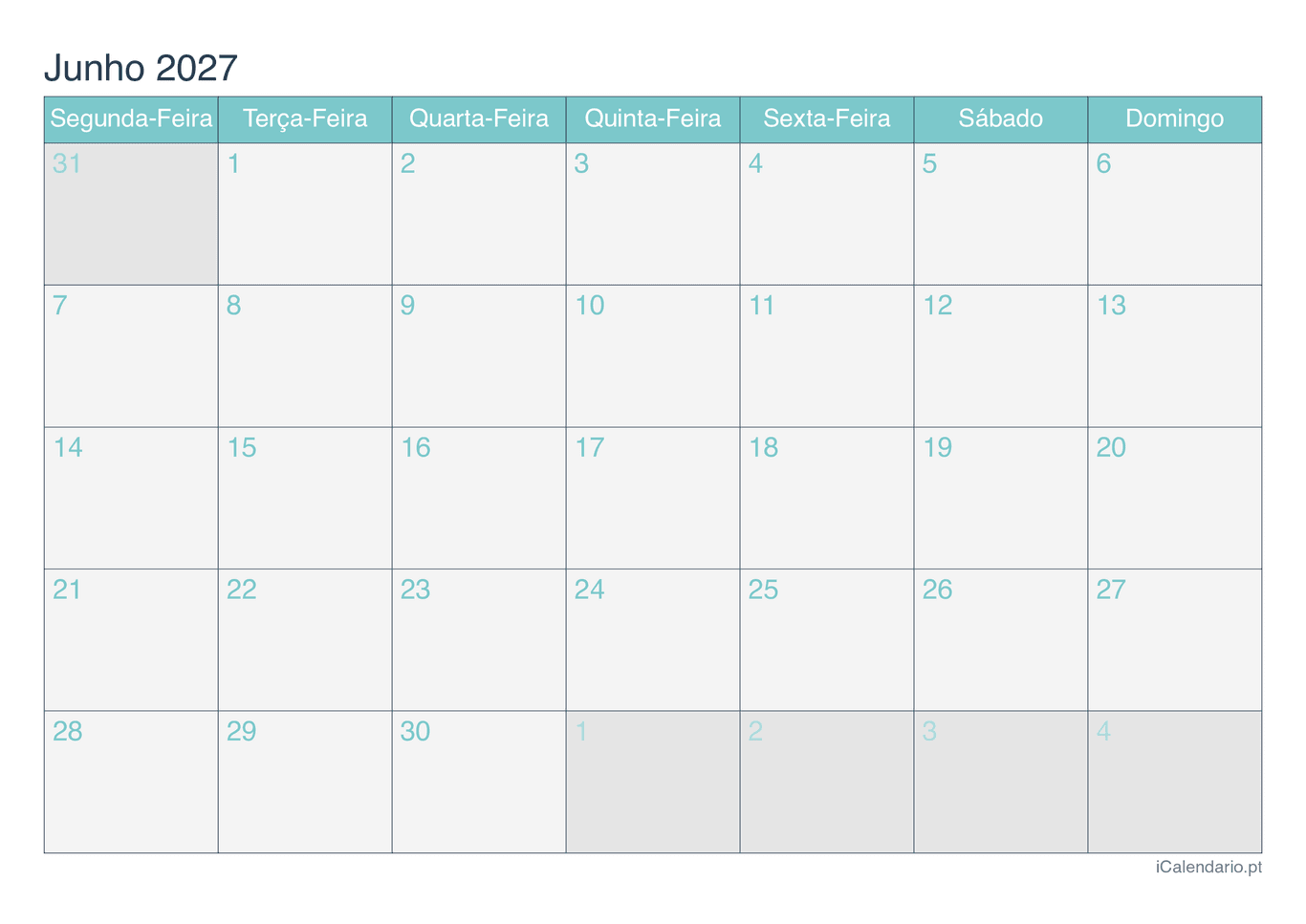 Calendário de junho 2027 - Turquesa