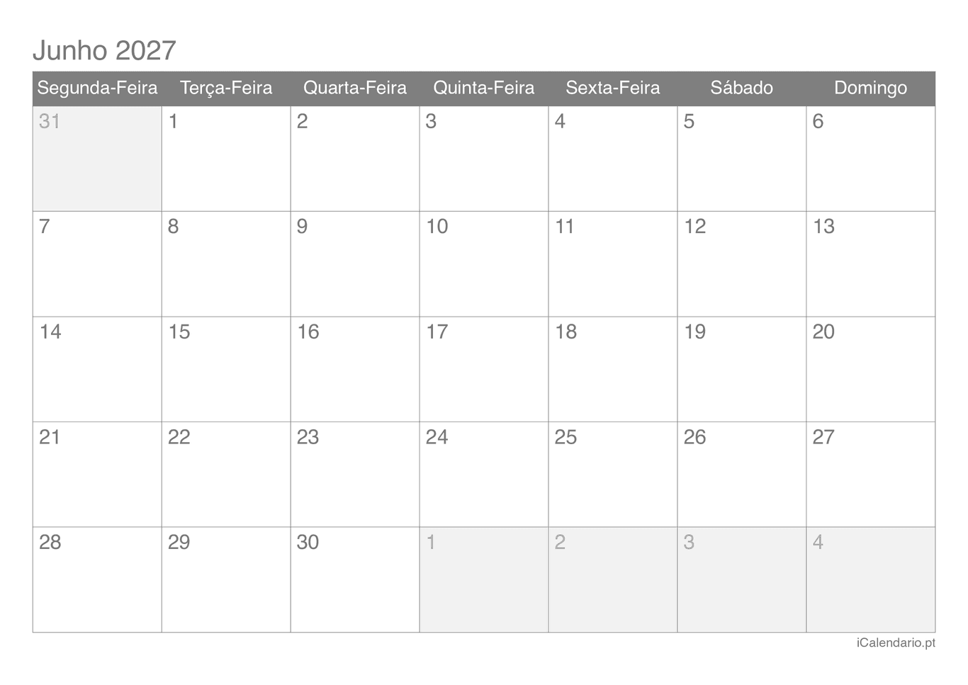 Calendário de junho 2027