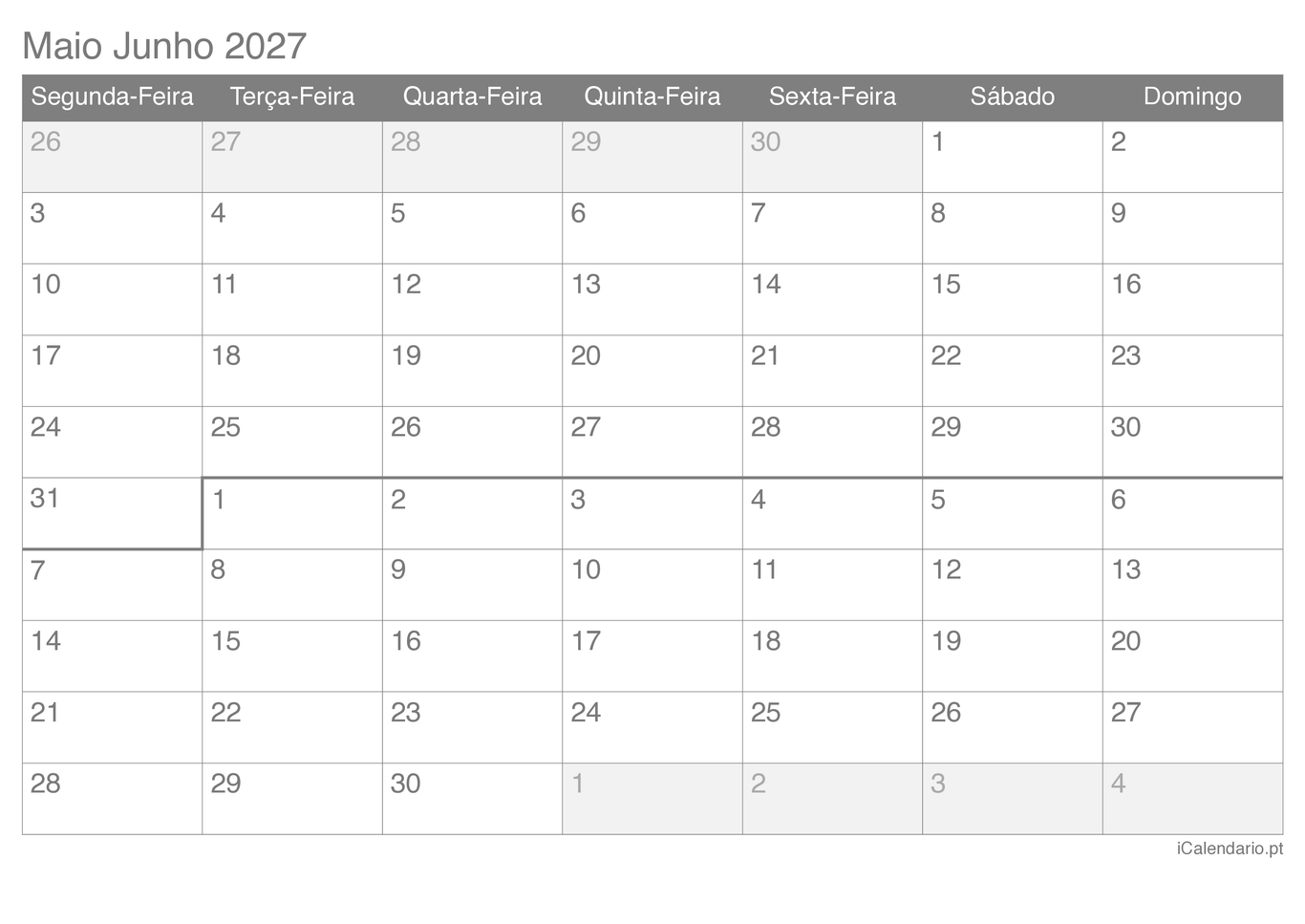 Calendário de maio junho 2027