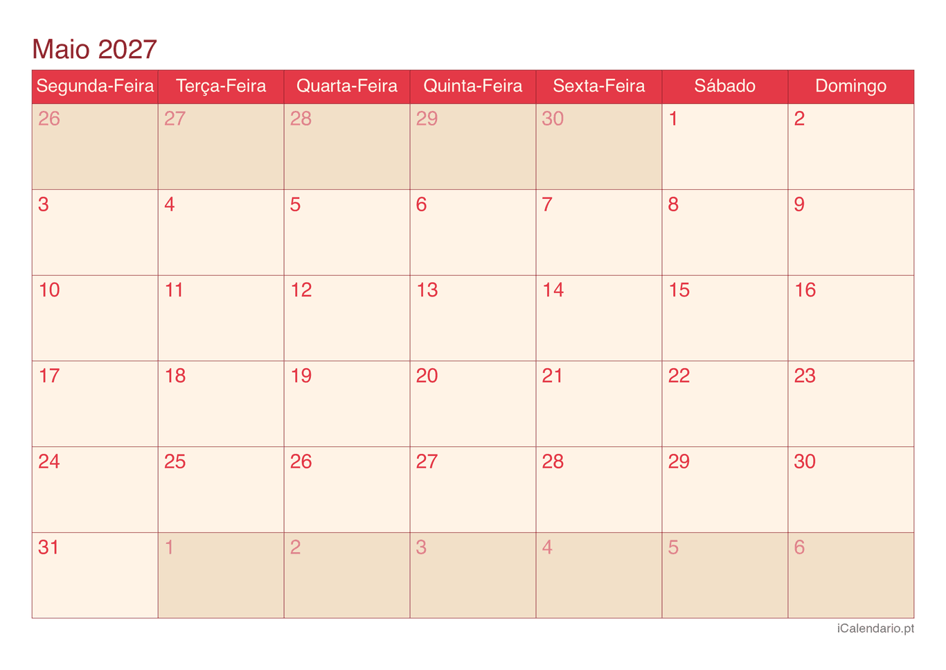 Calendário de maio 2027 - Cherry