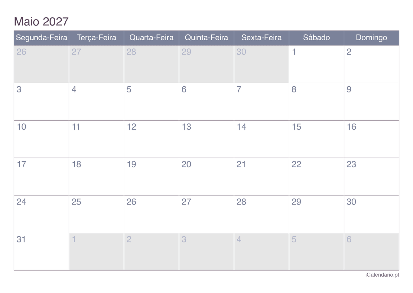 Calendário de maio 2027 - Office