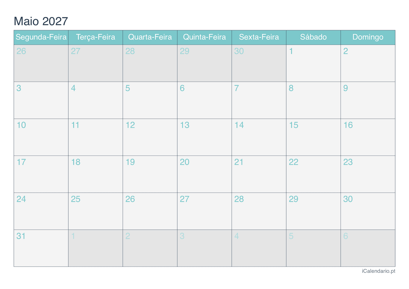 Calendário de maio 2027 - Turquesa