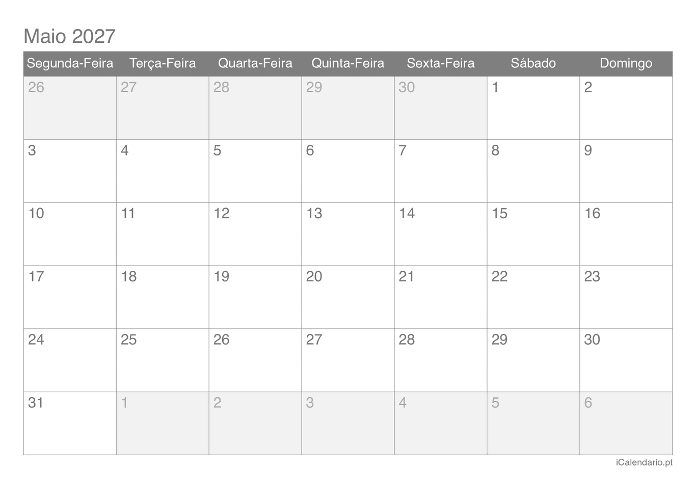 Calendário de maio 2027