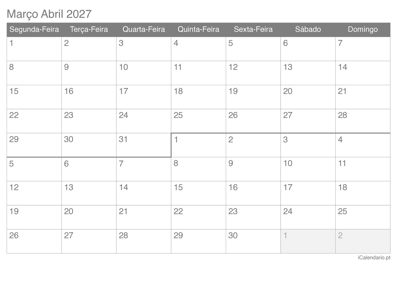 Calendário de março abril 2027