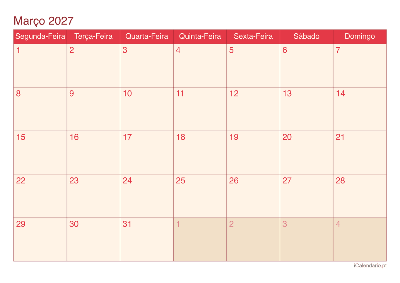 Calendário de março 2027 - Cherry